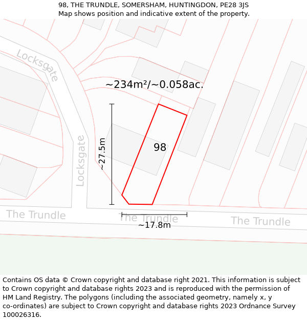 98, THE TRUNDLE, SOMERSHAM, HUNTINGDON, PE28 3JS: Plot and title map