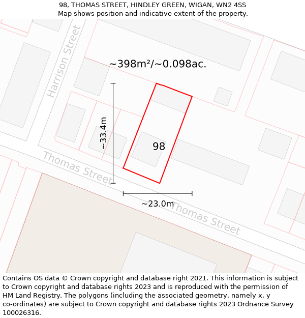 98, THOMAS STREET, HINDLEY GREEN, WIGAN, WN2 4SS: Plot and title map