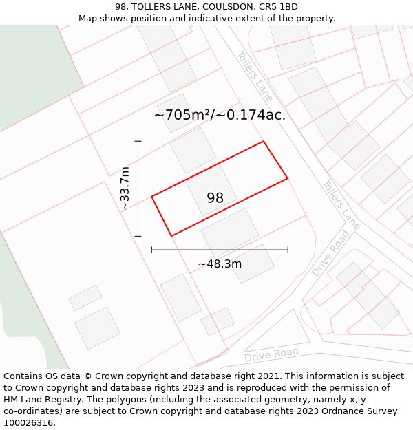 98, TOLLERS LANE, COULSDON, CR5 1BD: Plot and title map