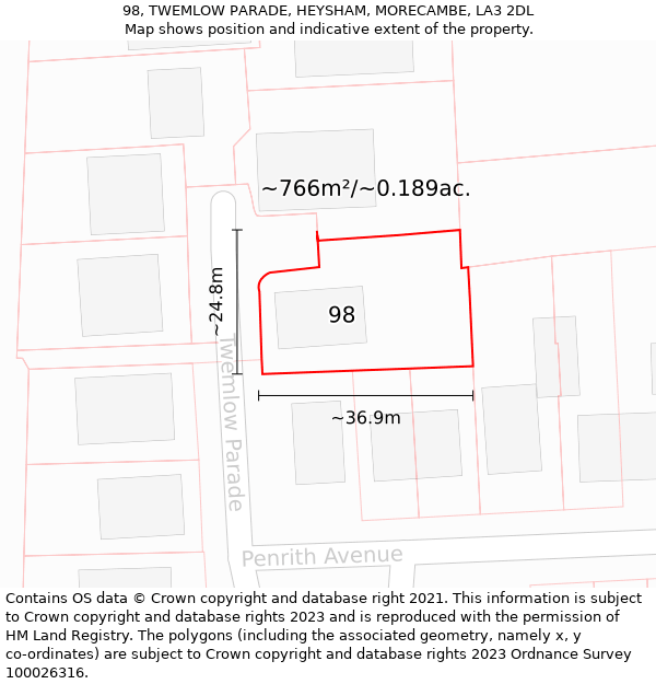 98, TWEMLOW PARADE, HEYSHAM, MORECAMBE, LA3 2DL: Plot and title map