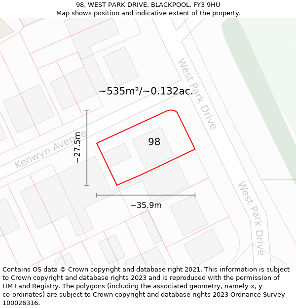 98, WEST PARK DRIVE, BLACKPOOL, FY3 9HU: Plot and title map