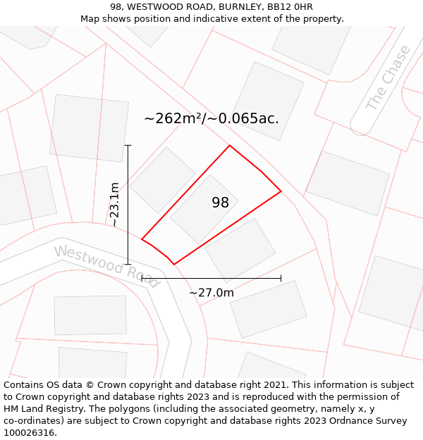 98, WESTWOOD ROAD, BURNLEY, BB12 0HR: Plot and title map