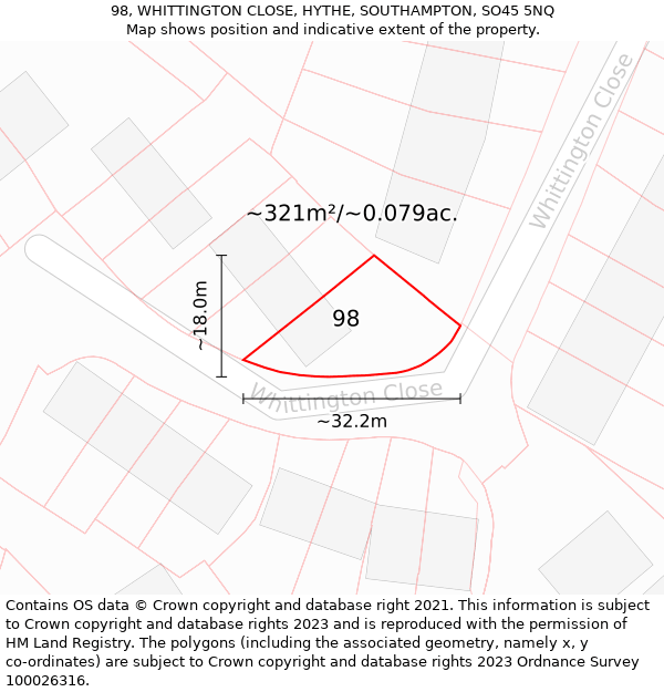 98, WHITTINGTON CLOSE, HYTHE, SOUTHAMPTON, SO45 5NQ: Plot and title map