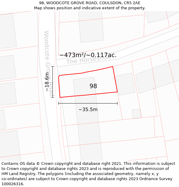 98, WOODCOTE GROVE ROAD, COULSDON, CR5 2AE: Plot and title map