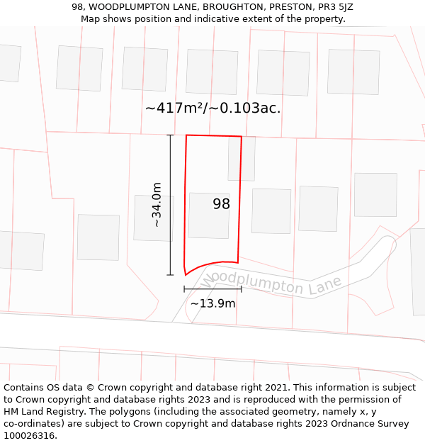 98, WOODPLUMPTON LANE, BROUGHTON, PRESTON, PR3 5JZ: Plot and title map