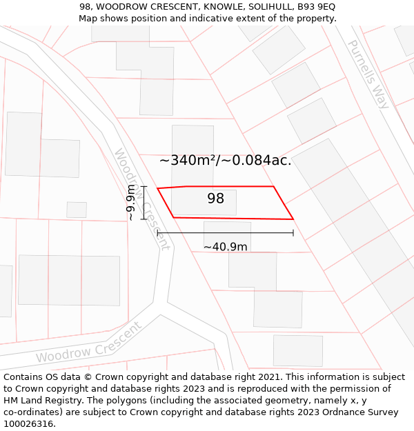 98, WOODROW CRESCENT, KNOWLE, SOLIHULL, B93 9EQ: Plot and title map