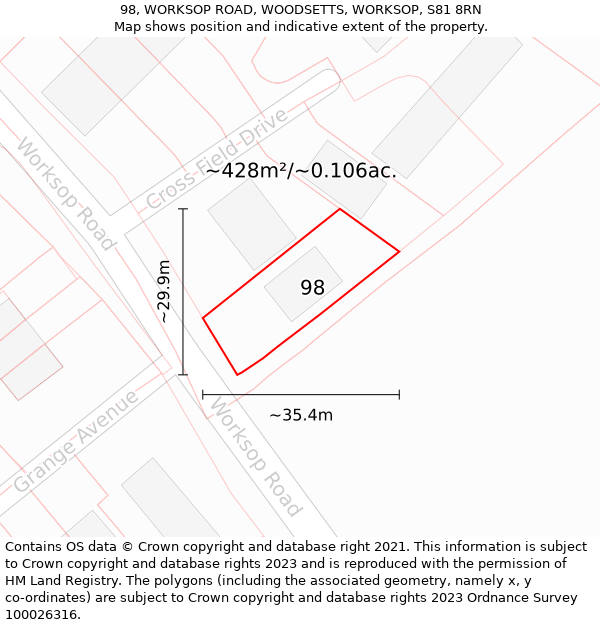 98, WORKSOP ROAD, WOODSETTS, WORKSOP, S81 8RN: Plot and title map