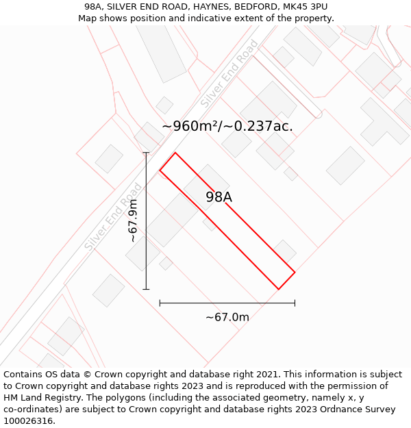 98A, SILVER END ROAD, HAYNES, BEDFORD, MK45 3PU: Plot and title map