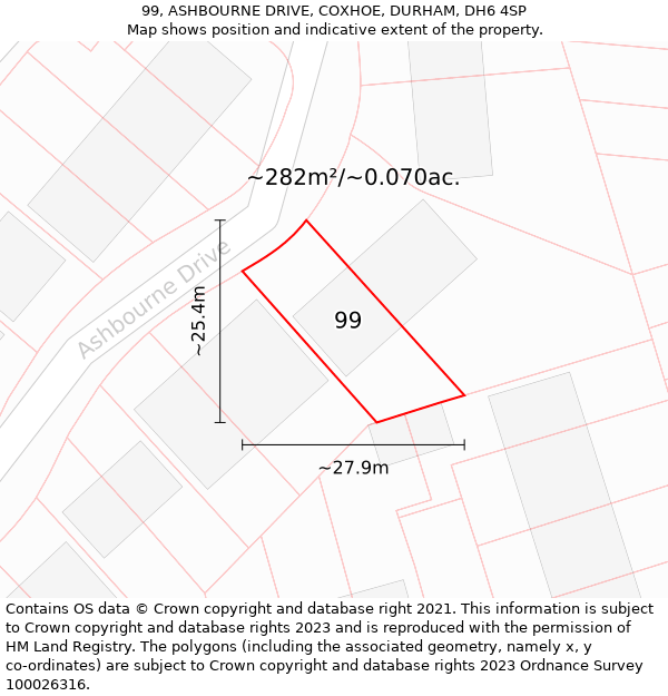 99, ASHBOURNE DRIVE, COXHOE, DURHAM, DH6 4SP: Plot and title map