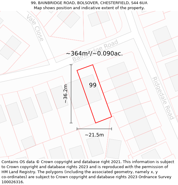 99, BAINBRIDGE ROAD, BOLSOVER, CHESTERFIELD, S44 6UA: Plot and title map