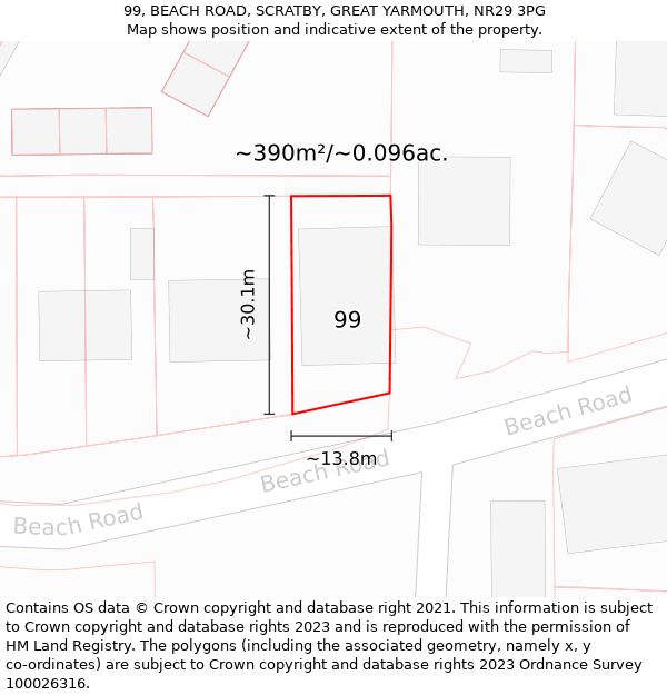 99, BEACH ROAD, SCRATBY, GREAT YARMOUTH, NR29 3PG: Plot and title map