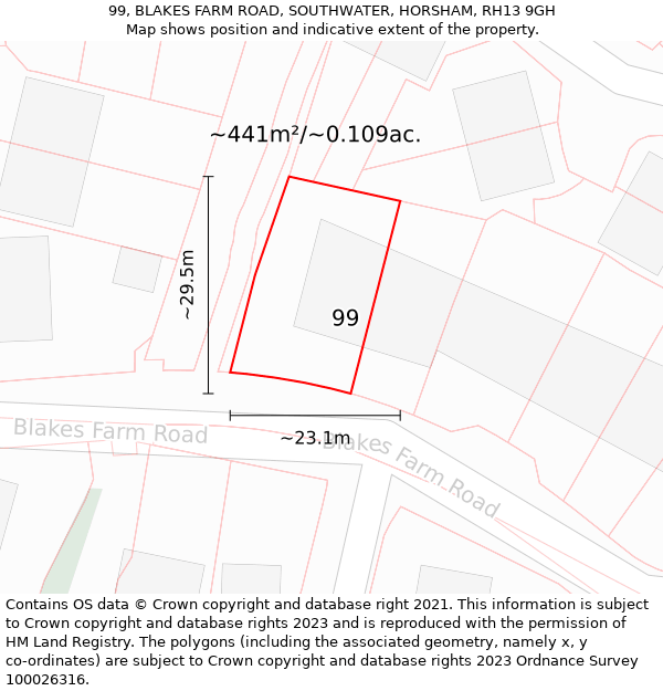 99, BLAKES FARM ROAD, SOUTHWATER, HORSHAM, RH13 9GH: Plot and title map