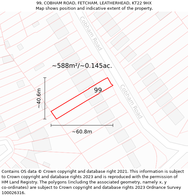 99, COBHAM ROAD, FETCHAM, LEATHERHEAD, KT22 9HX: Plot and title map