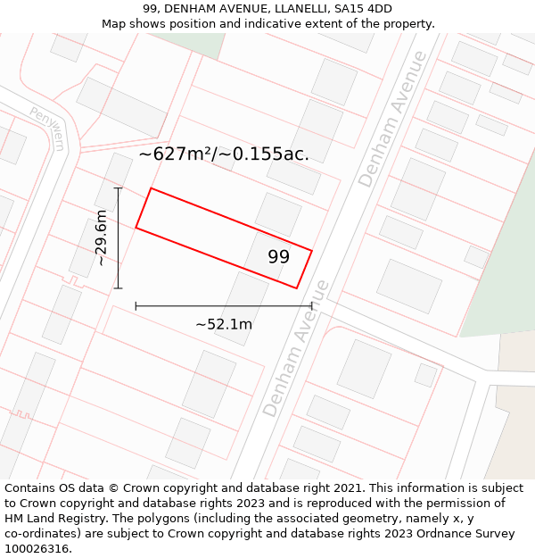 99, DENHAM AVENUE, LLANELLI, SA15 4DD: Plot and title map