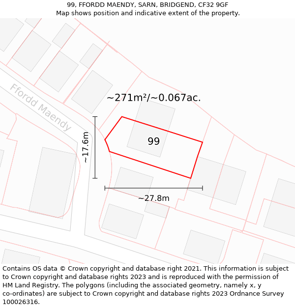 99, FFORDD MAENDY, SARN, BRIDGEND, CF32 9GF: Plot and title map