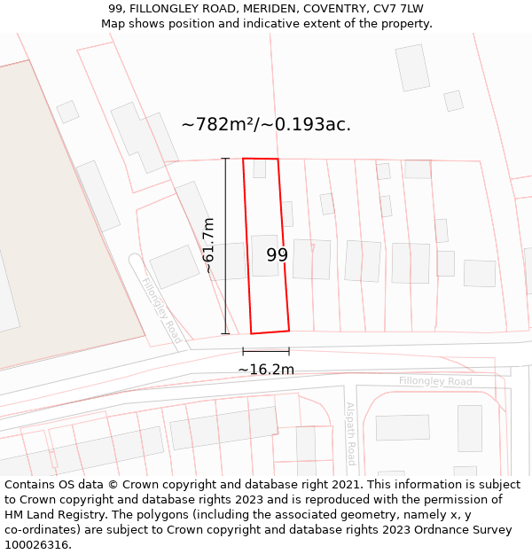 99, FILLONGLEY ROAD, MERIDEN, COVENTRY, CV7 7LW: Plot and title map