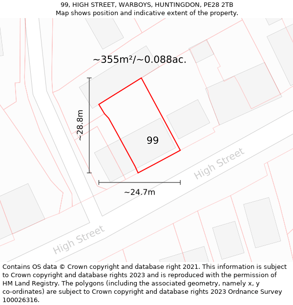 99, HIGH STREET, WARBOYS, HUNTINGDON, PE28 2TB: Plot and title map