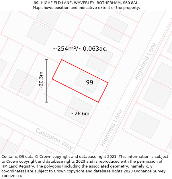 99, HIGHFIELD LANE, WAVERLEY, ROTHERHAM, S60 8AL: Plot and title map