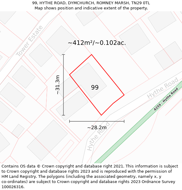 99, HYTHE ROAD, DYMCHURCH, ROMNEY MARSH, TN29 0TL: Plot and title map