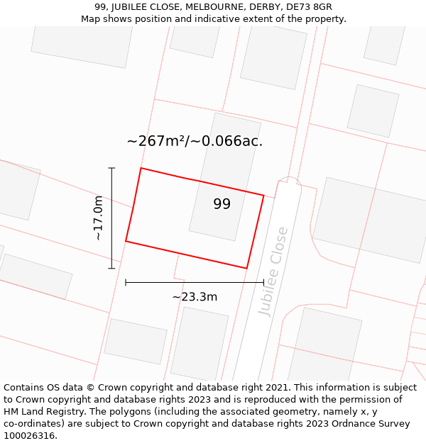 99, JUBILEE CLOSE, MELBOURNE, DERBY, DE73 8GR: Plot and title map