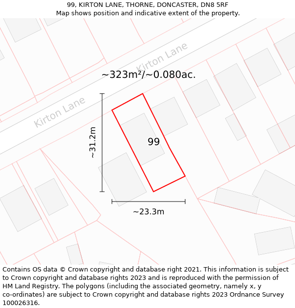 99, KIRTON LANE, THORNE, DONCASTER, DN8 5RF: Plot and title map