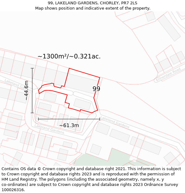 99, LAKELAND GARDENS, CHORLEY, PR7 2LS: Plot and title map