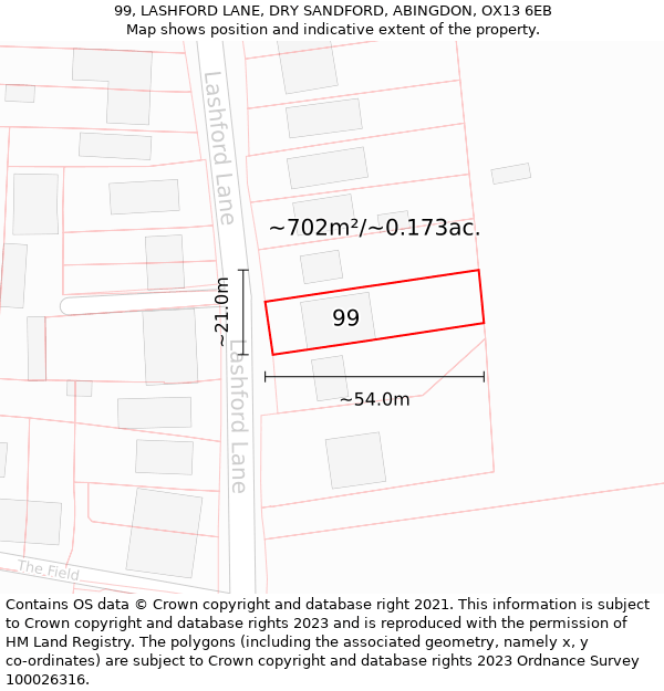 99, LASHFORD LANE, DRY SANDFORD, ABINGDON, OX13 6EB: Plot and title map