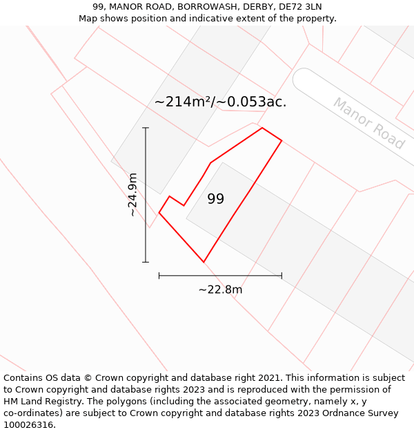 99, MANOR ROAD, BORROWASH, DERBY, DE72 3LN: Plot and title map