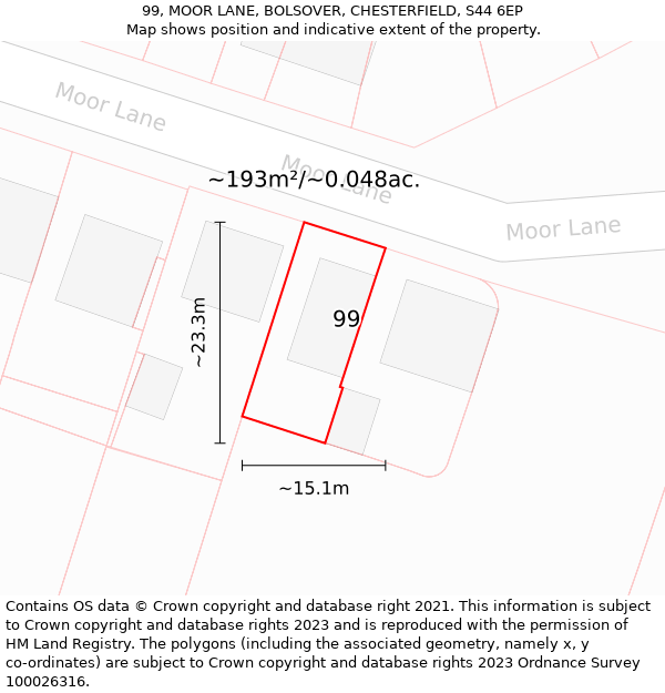 99, MOOR LANE, BOLSOVER, CHESTERFIELD, S44 6EP: Plot and title map