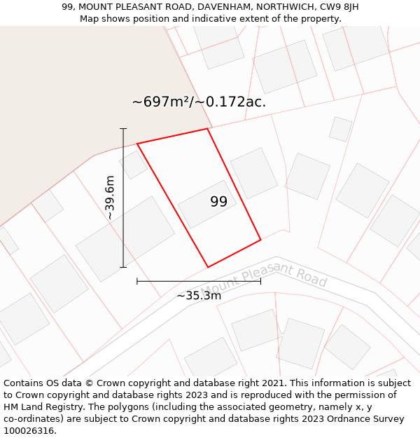 99, MOUNT PLEASANT ROAD, DAVENHAM, NORTHWICH, CW9 8JH: Plot and title map