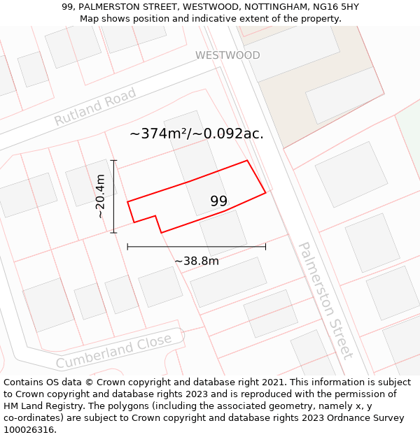 99, PALMERSTON STREET, WESTWOOD, NOTTINGHAM, NG16 5HY: Plot and title map