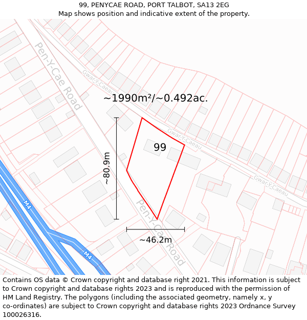 99, PENYCAE ROAD, PORT TALBOT, SA13 2EG: Plot and title map