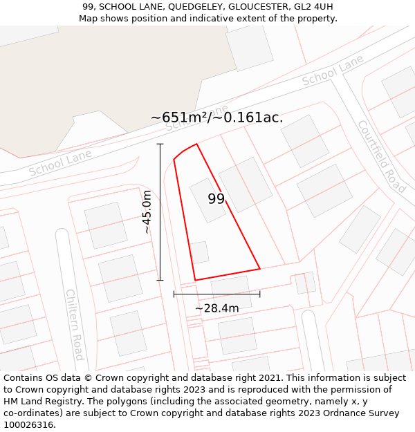 99, SCHOOL LANE, QUEDGELEY, GLOUCESTER, GL2 4UH: Plot and title map