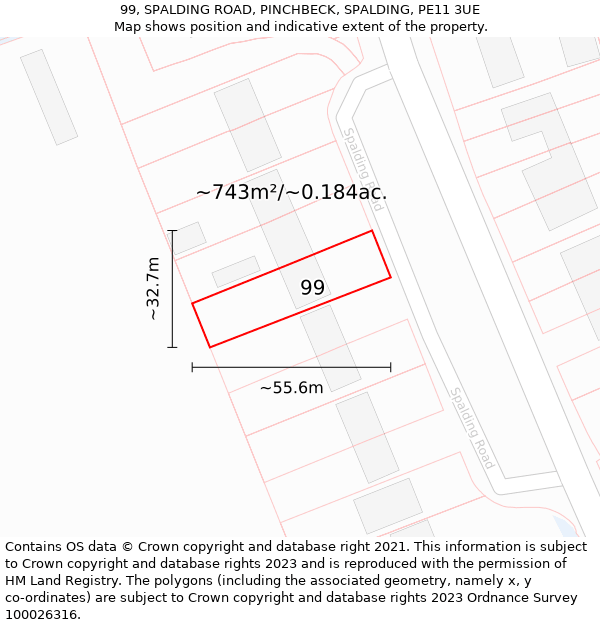 99, SPALDING ROAD, PINCHBECK, SPALDING, PE11 3UE: Plot and title map