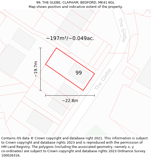 99, THE GLEBE, CLAPHAM, BEDFORD, MK41 6GL: Plot and title map