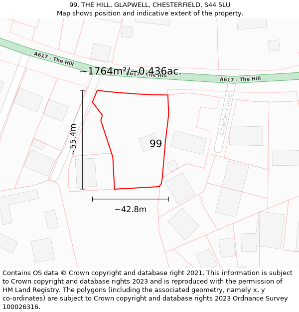 99, THE HILL, GLAPWELL, CHESTERFIELD, S44 5LU: Plot and title map