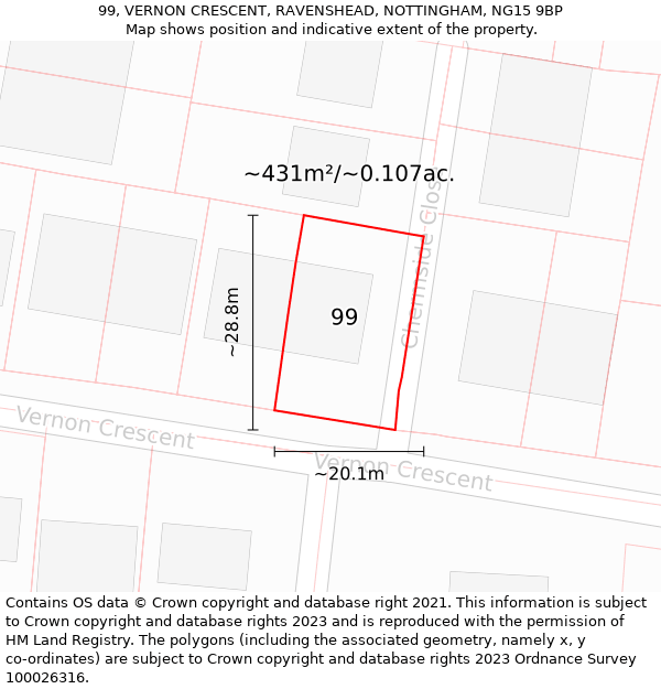 99, VERNON CRESCENT, RAVENSHEAD, NOTTINGHAM, NG15 9BP: Plot and title map