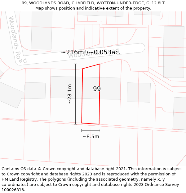 99, WOODLANDS ROAD, CHARFIELD, WOTTON-UNDER-EDGE, GL12 8LT: Plot and title map