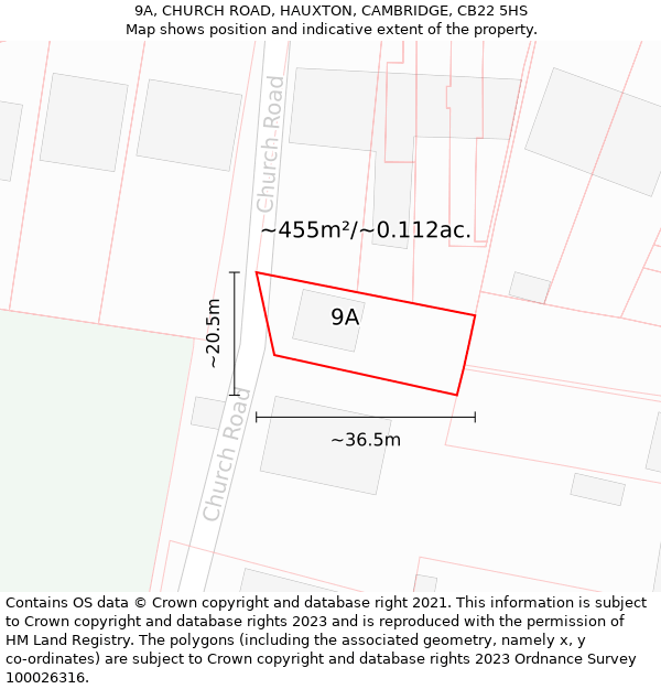 9A, CHURCH ROAD, HAUXTON, CAMBRIDGE, CB22 5HS: Plot and title map