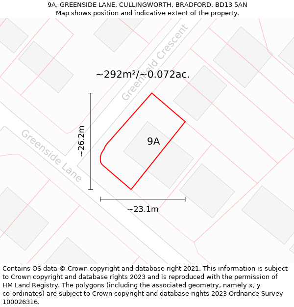 9A, GREENSIDE LANE, CULLINGWORTH, BRADFORD, BD13 5AN: Plot and title map