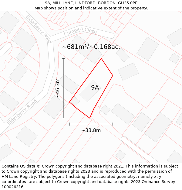 9A, MILL LANE, LINDFORD, BORDON, GU35 0PE: Plot and title map