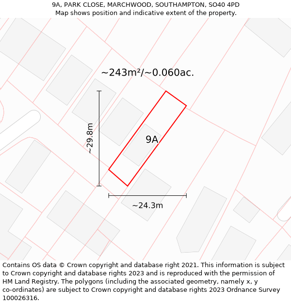 9A, PARK CLOSE, MARCHWOOD, SOUTHAMPTON, SO40 4PD: Plot and title map