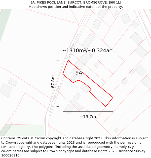 9A, PIKES POOL LANE, BURCOT, BROMSGROVE, B60 1LJ: Plot and title map