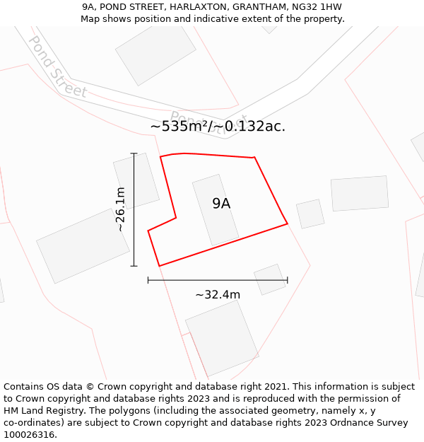 9A, POND STREET, HARLAXTON, GRANTHAM, NG32 1HW: Plot and title map