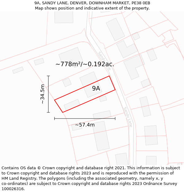 9A, SANDY LANE, DENVER, DOWNHAM MARKET, PE38 0EB: Plot and title map