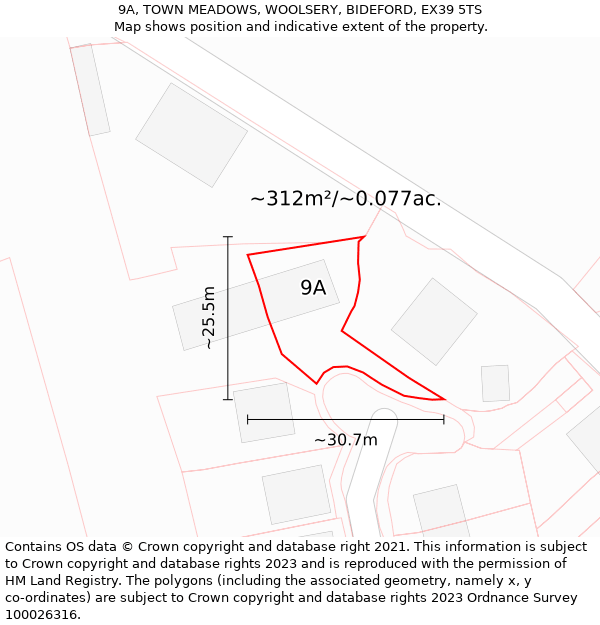 9A, TOWN MEADOWS, WOOLSERY, BIDEFORD, EX39 5TS: Plot and title map