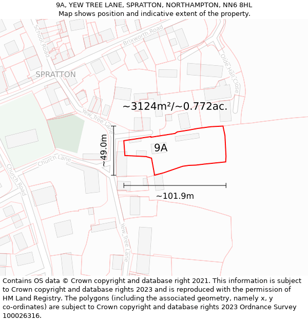 9A, YEW TREE LANE, SPRATTON, NORTHAMPTON, NN6 8HL: Plot and title map