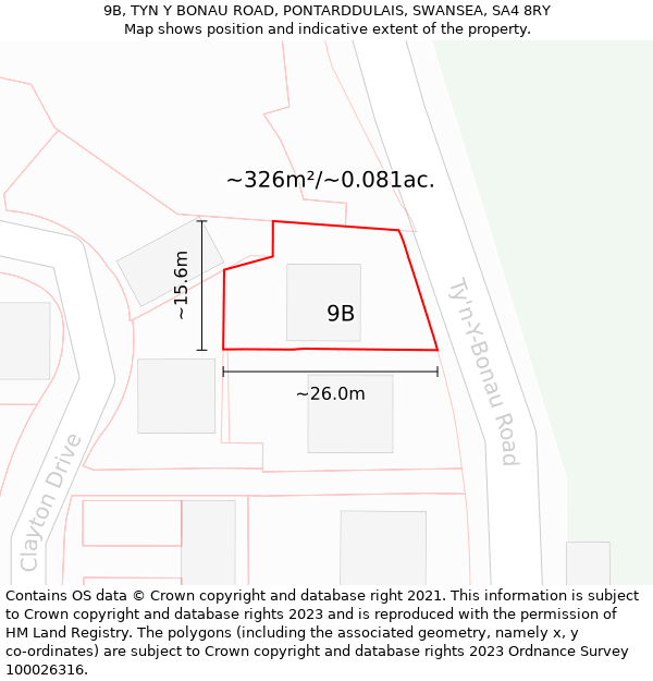 9B, TYN Y BONAU ROAD, PONTARDDULAIS, SWANSEA, SA4 8RY: Plot and title map