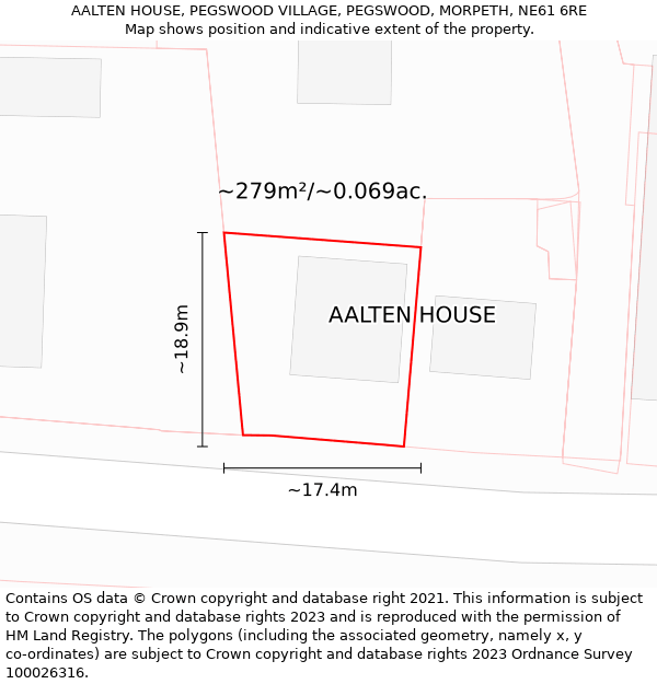 AALTEN HOUSE, PEGSWOOD VILLAGE, PEGSWOOD, MORPETH, NE61 6RE: Plot and title map