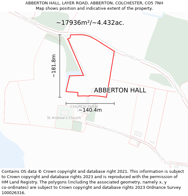 ABBERTON HALL, LAYER ROAD, ABBERTON, COLCHESTER, CO5 7NH: Plot and title map